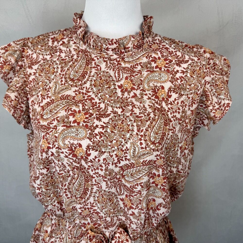 Alice Blue Women Sz M Floral Top Ruffle Crew Neck Cap Sleeves Elastic Waist - Picture 2 of 12